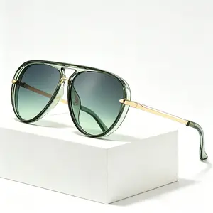 Oversized Aviator Sunglasses for Women - Unisex, Casual, Semi-Rimless, Tinted Retro Green Gradient Shades with Metal Temples - Fashion Eyewear for Streetwear, Travel, Casual Women's Sunglasses, Unisex Women's Sunglasses