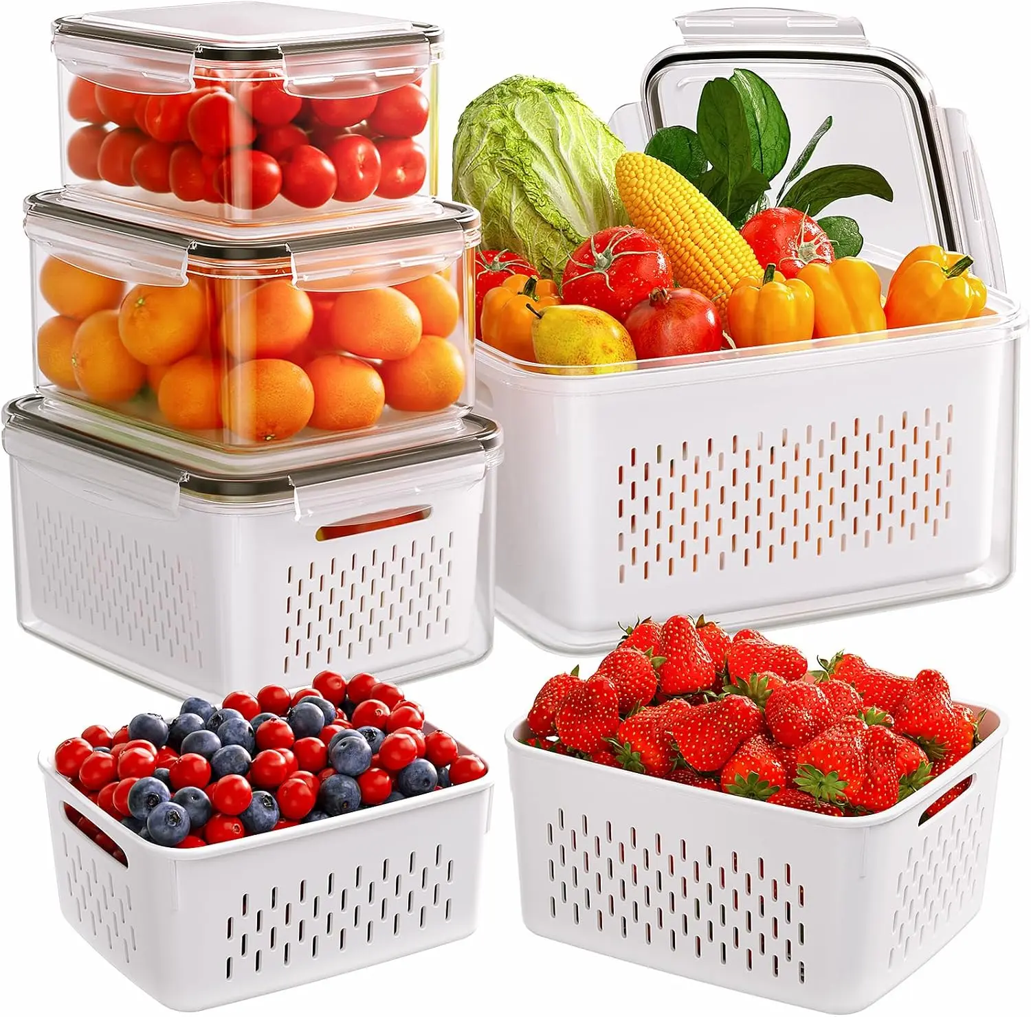 4 PCS Fridge Produce Storage Containers All-In-One Fruit Washing Bowl with Strainer Leakproof Design for Fresh Produce Versatile Storage Options for Salads Berries Vegetables and Meat
