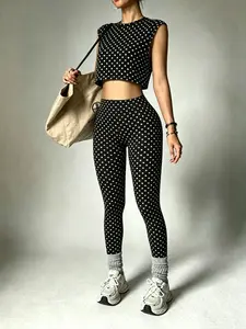 Trendy Polka Dot Sportswear Set, American Style Plus Light Sports Look, Sleeveless Short Design, High Waist Effect, Retro Polka Dots