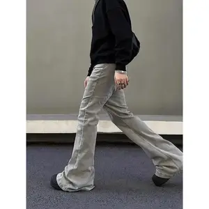 2025 Y2K Fashion Loose Layered Flared Jeans Men's Clothing Streetwear New Rock Retro Long Pants Menswear Trouser Gamis Denim Beige