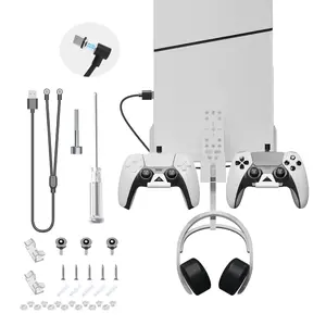 PS5 Slim Wall Mount Kit, Playstation 5 Slim Wall Mount Kit with 2 Detachable Controller Holder, Headphone and Remote Control Mount, Steel Wall Stand - White
