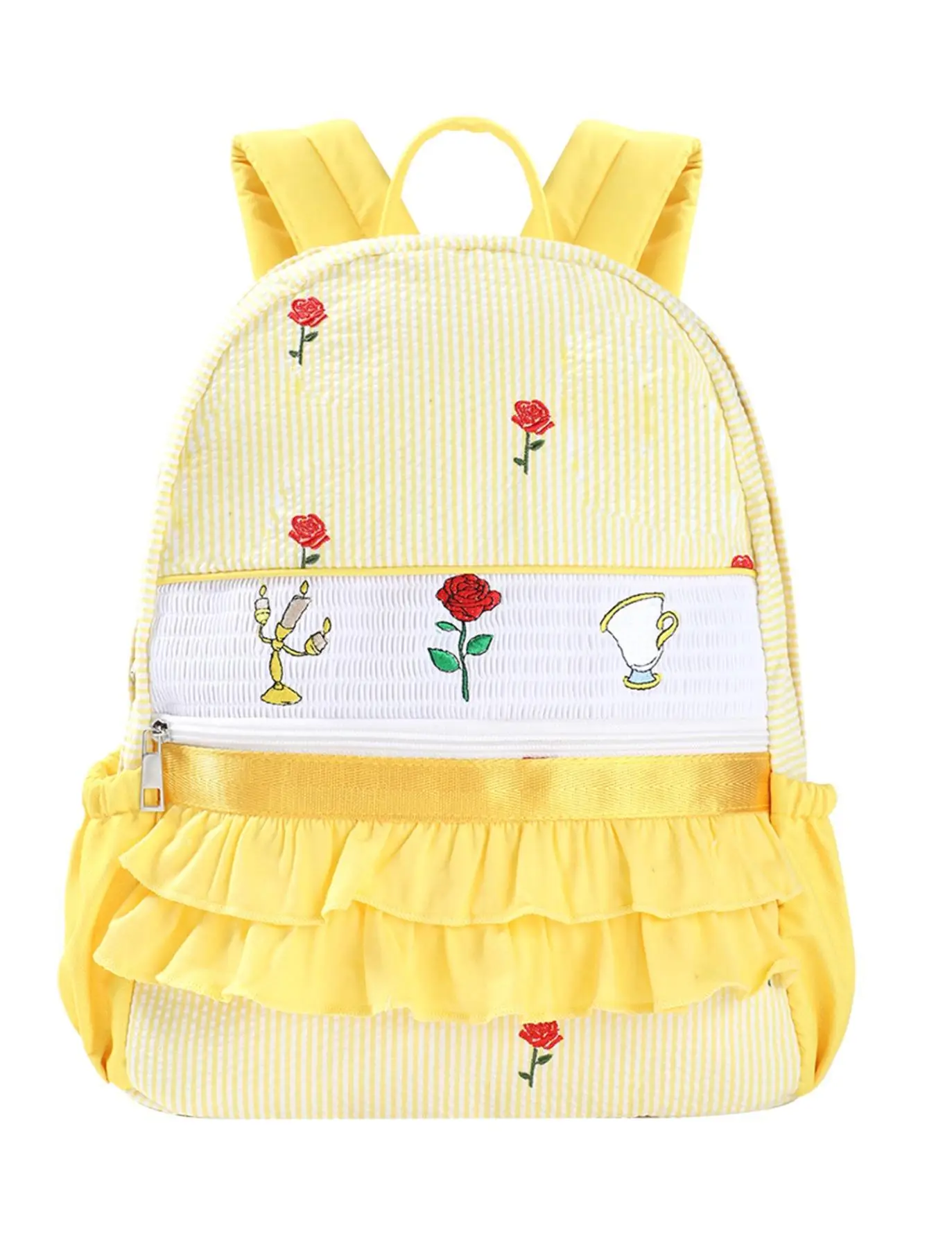 Cute Rose Embroidery Backpack, Striped Pattern Ruffle Trim Backpack, Casual Versatile Backpack for Women & Girls, Fashionable Large Capacity Backpack