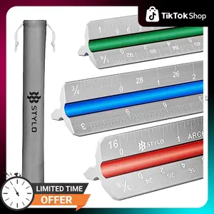 Stylo 12" Aluminum Architect Scale Ruler Laser Etched Triangle Drafting Ruler, Color Coded Grooves for Blueprint, Drafting and Drawing, Architectural Scale Ruler for Blueprints (Grey, Imperial Units)