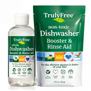 TrulyFree Home Natural Dishwasher Booster & Rinse Aid - Non-Toxic Formula for Tough Stains & Water Spots - Includes Reusable 12 oz Bottle & Refill - Eco-Friendly & Concentrated Liquid