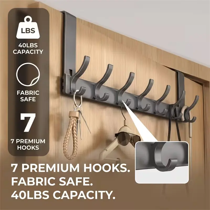 Door hook organizer, door hanger rack for hanging clothes on doors, bathroom door towel rack with 7 clothing hooks, ideal for hanging keys, hats, and bags at the entrance of a storage room