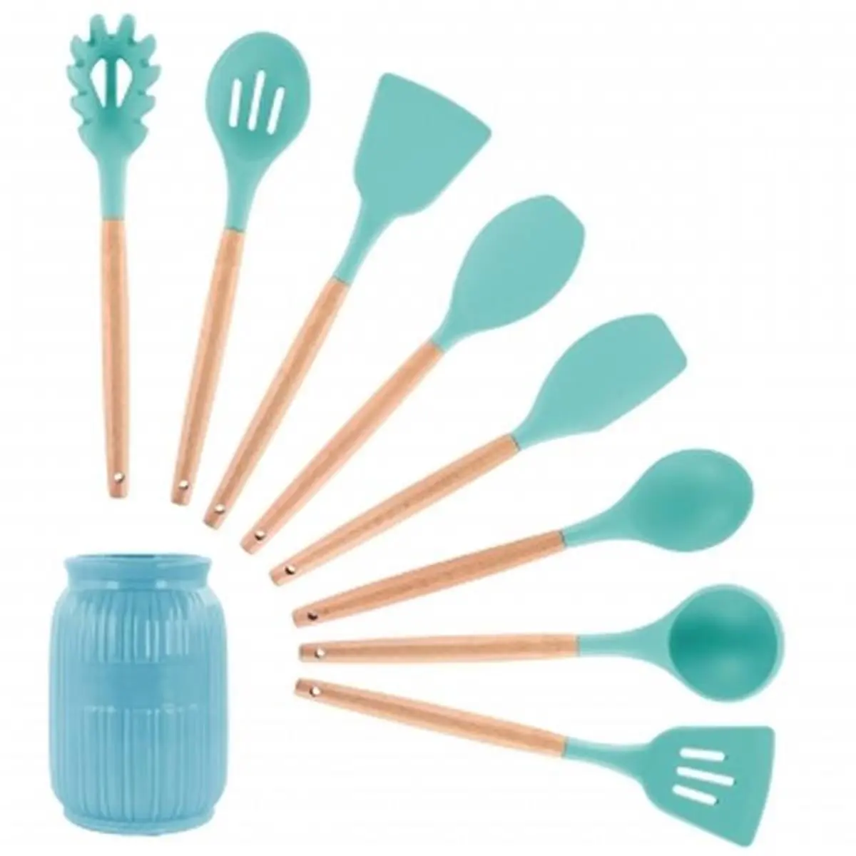 Megachef MGSP-465 Light Teal Silicone & Wood Cooking Utensils Set - 9-Piece Set with Heavy-Duty Silicone Spatulas & Turners