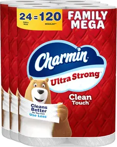 Charmin Ultra Strong Clean Touch Toilet Paper, 24 Family Mega Rolls = 120 Regular Rolls Soft Bathroom