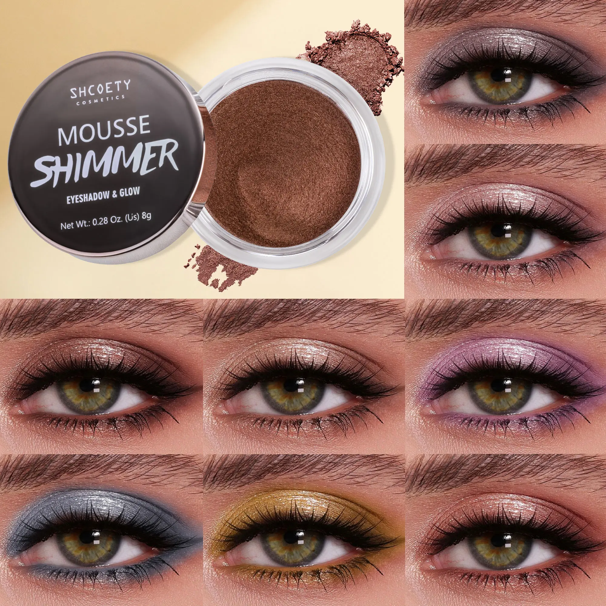 Creamy Shimmer Mousse Eyeshadow - Metallic Jelly Texture, Smooth Blendable, 8 Color Options, 1-Swipe Application for Daily Looks & Party Makeup, 8g