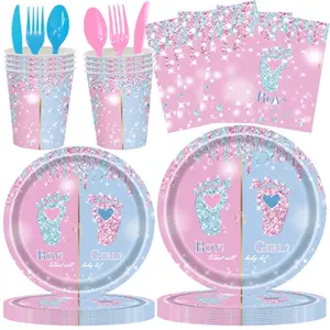 Gender Reveal Party Decoration Set (16 People), Party Supplies, Includes Paper Plates, Napkins, Cups, Forks, Spoons, Disposable Tableware Kit