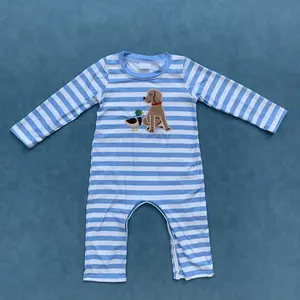 Dog duck blue stripes long sleeves baby boy romper