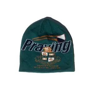 Praying Crest Beanie - Green Knit Hat with Distinctive Logo and No Return Policy
