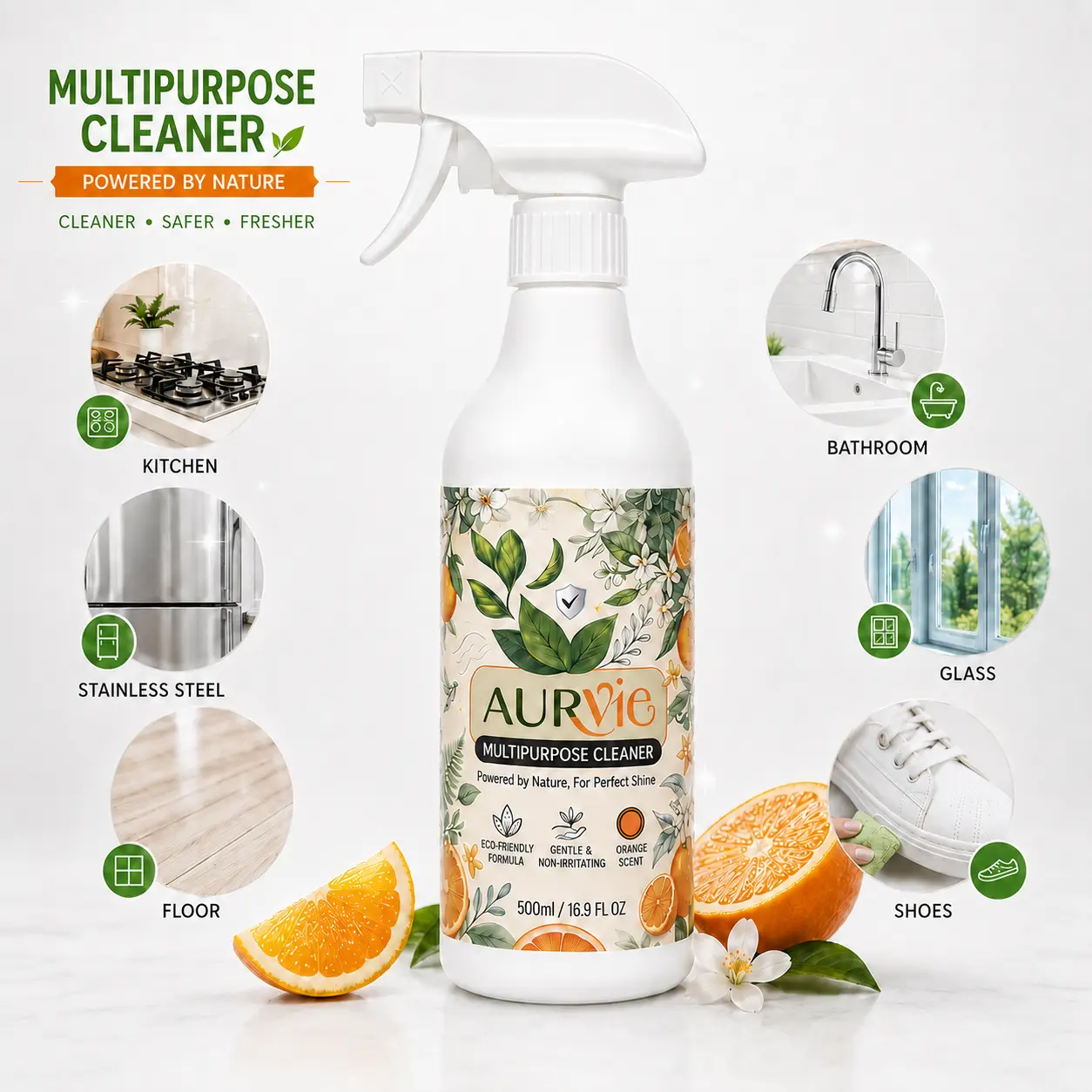 AURVIE All-Purpose Cleaner- 16.9oz Orange Scent,Multipurpose Cleaner Spray, Orange Scent Home Cleaner for Kitchen Grease, Bathroom, Floors, Glass, Cars & Shoesmultipurpose cleaner,all purpose cleaner,cleaning spray,kitchen cleaner,bathroom cleaner,
