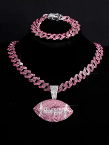 3pcs Hip-Hop Blue and Cuban Chain Necklace Bracelets, Glittering Blingbling Rugby Pendant Fashion Ball Necklace for Men and Women Complete Accessories Set Matching Jewelry Set