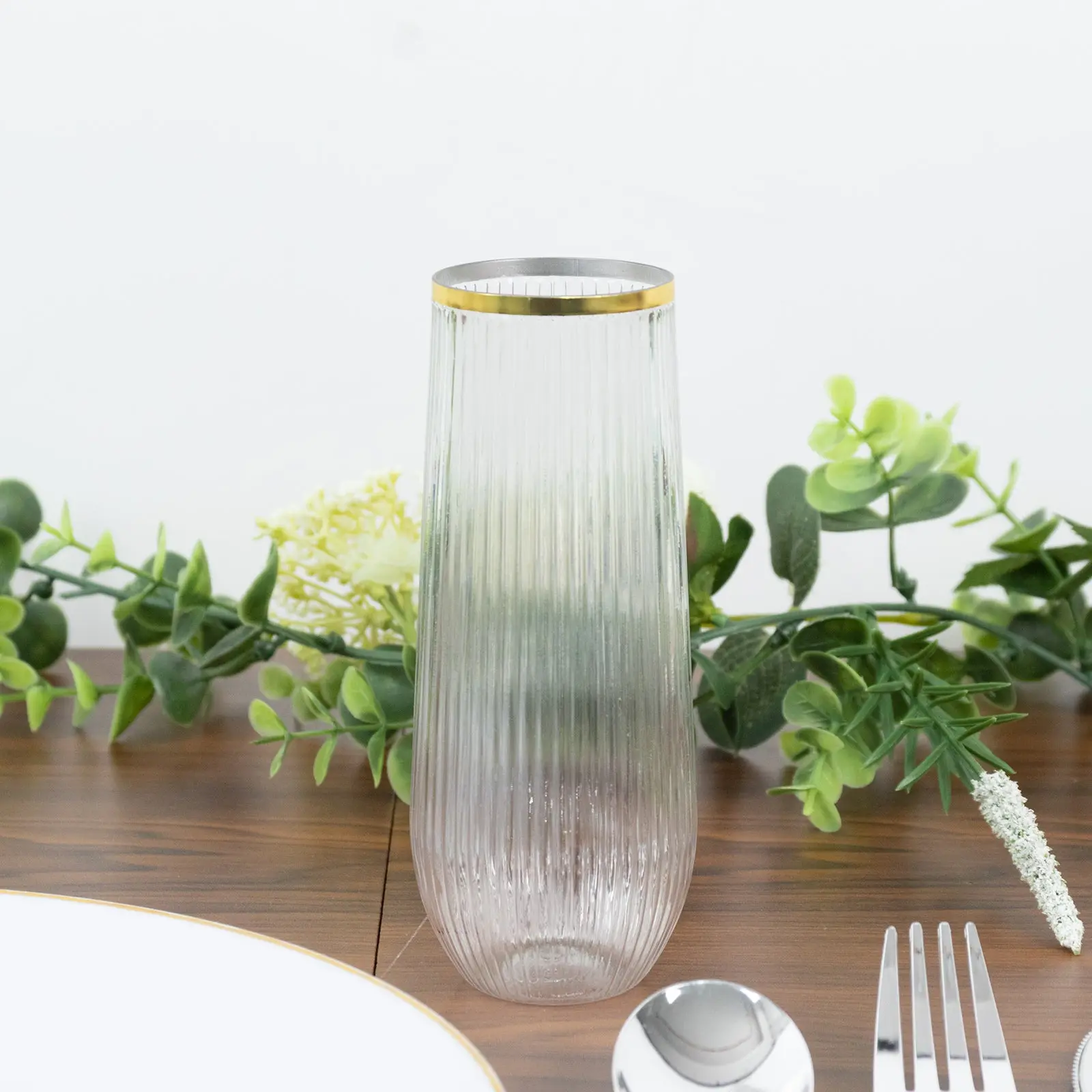 12 Pack Stemless Plastic Champagne Flutes – 9oz Clear Gold Rim – Ribbed Reusable Lightweight Disposable Toasting Glasses