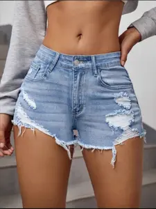 Blue Denim Shorts, Womenswear, Distressed Jean Shorts, Light Wash, High-Waisted, Frayed Hem, Summer Fashion, Everyday, Slim-Fitting, Trendy Girl Style, Chic, Bestselling Short Pants