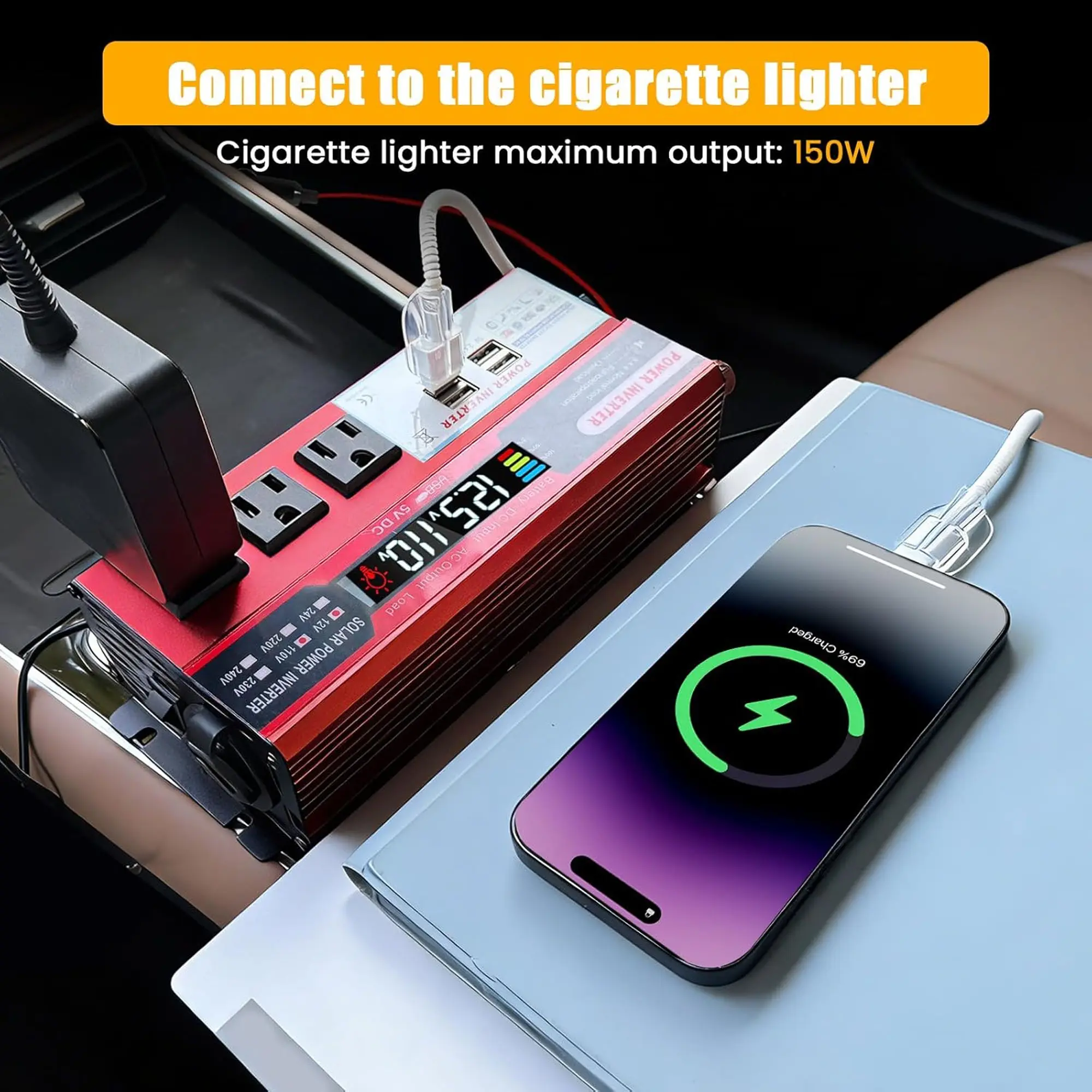 1000W Output Power Inverter - DC 12V to AC 120V Portable Car Converter with LCD Screen, 3 US Sockets, 4 USB Ports, Cigarette Lighter, Battery Clamps for Vehicle & Home Emergencies