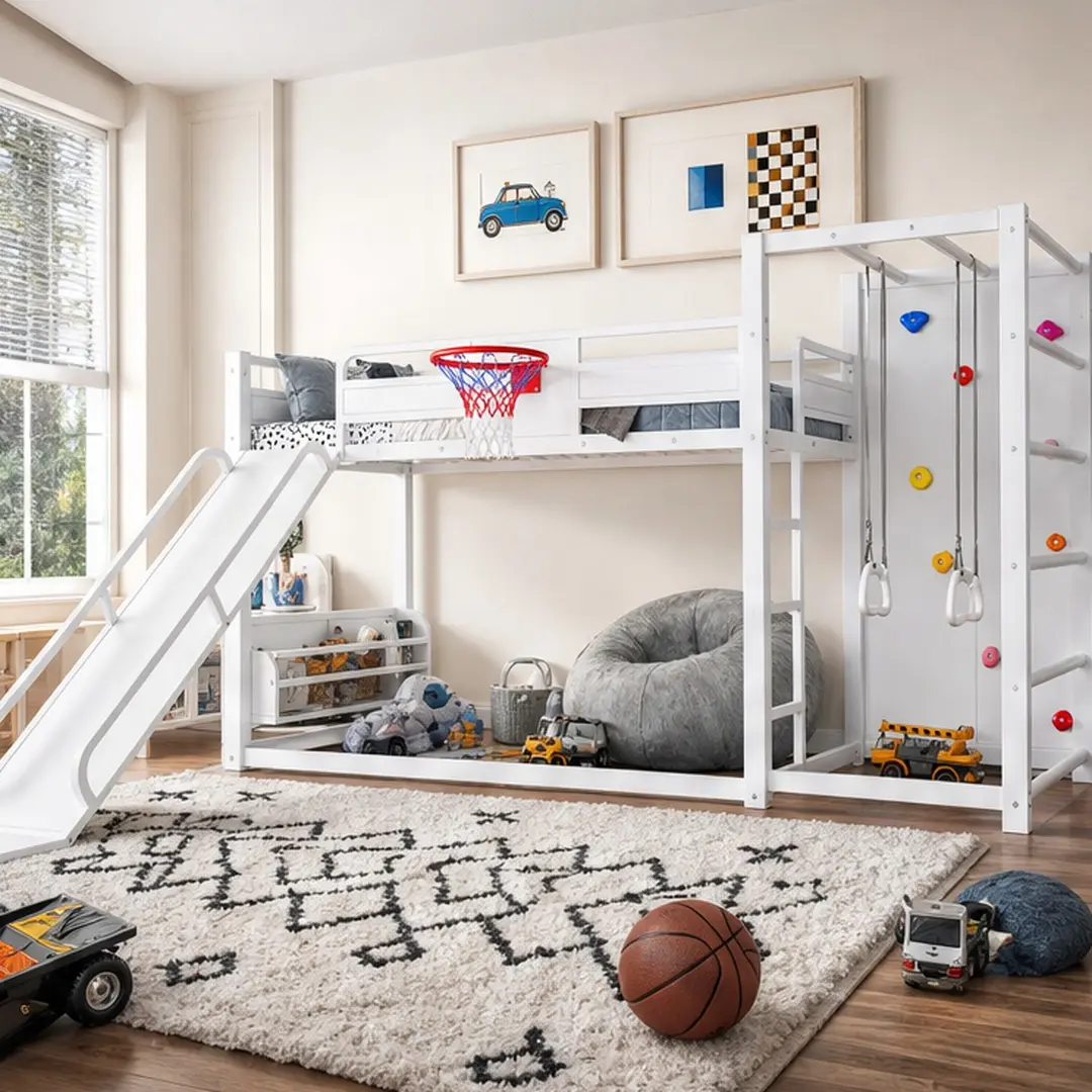 ARCH Twin Size Metal Loft Bed Unit - Child-Friendly Loftbed with Slide, Basketball Hoop, Climbing Wall, Pull-Up Rings, Bookshelves, White MDF-Metal Frame, Space-Saving Kids Furniture for Playroom, Bedroom, Metal Beds