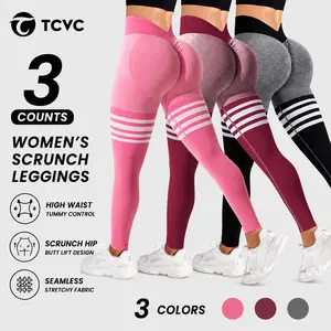 TCVC Sports Striped Linen Color High Waist Crinkled Women's Yoga Leggings High Stretch Seamless Tights For Indoor & Outdoor Workout Abdomen Control Shaping Peach Butt Casual Versatile 3 Counts