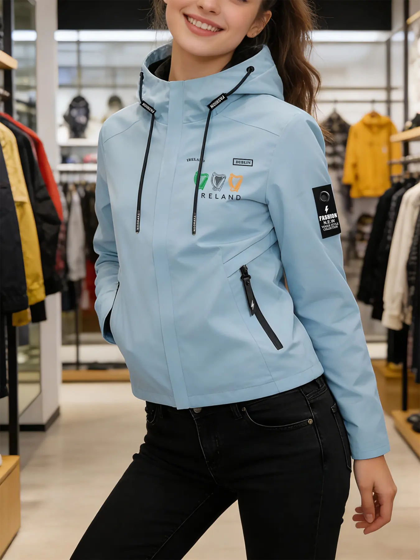 Women's Hooded Windbreaker Jacket Two Color Options Ireland Harp Tri Color Print Stylish Eye Catching Loose Slimming Fit British Street Style Versatile Daily Wear Comfortable Lightweight Breathable Machine Washable Cool Fashion Outerwear