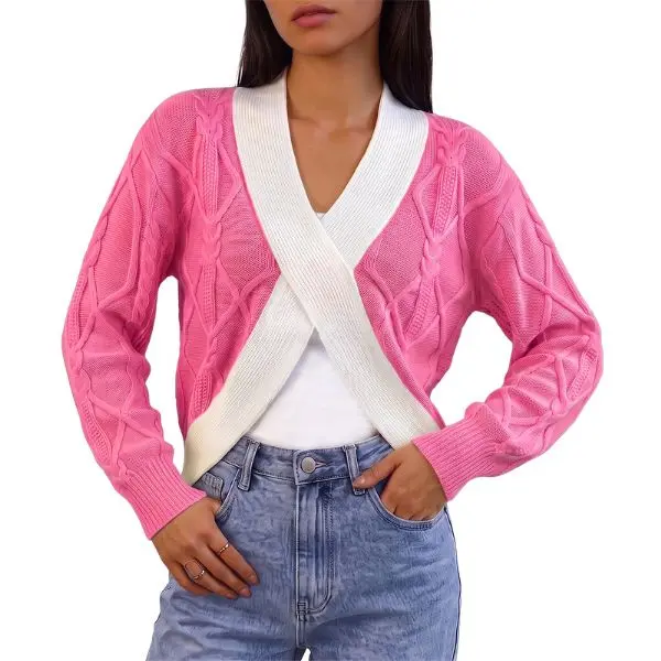 Fisoew Trendy Contrast White Trim Cable Knit Wrap Top, Cross Surplice V Neck Cropped Long Sleeve Sweater for Date Brunch Street Fall Outfit