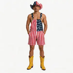 4th of July Unisex Flag Shorts Romper – 250th Anniversary Stretch Denim Overalls, Patriotic Bib Pants for Memorial Day Parade, Summer Breathable Coveralls for Father's Day, BBQ Beach Vacation Jumpsuit for Couples