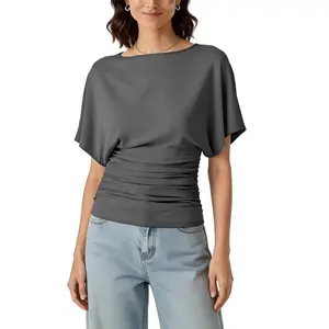 Hixiaohe Casual Womens Tops Boat Neck Pullover Shirts Batwing Short Sleeve Side Ruched Tunic Corset Top Work Blouse Basic Tee