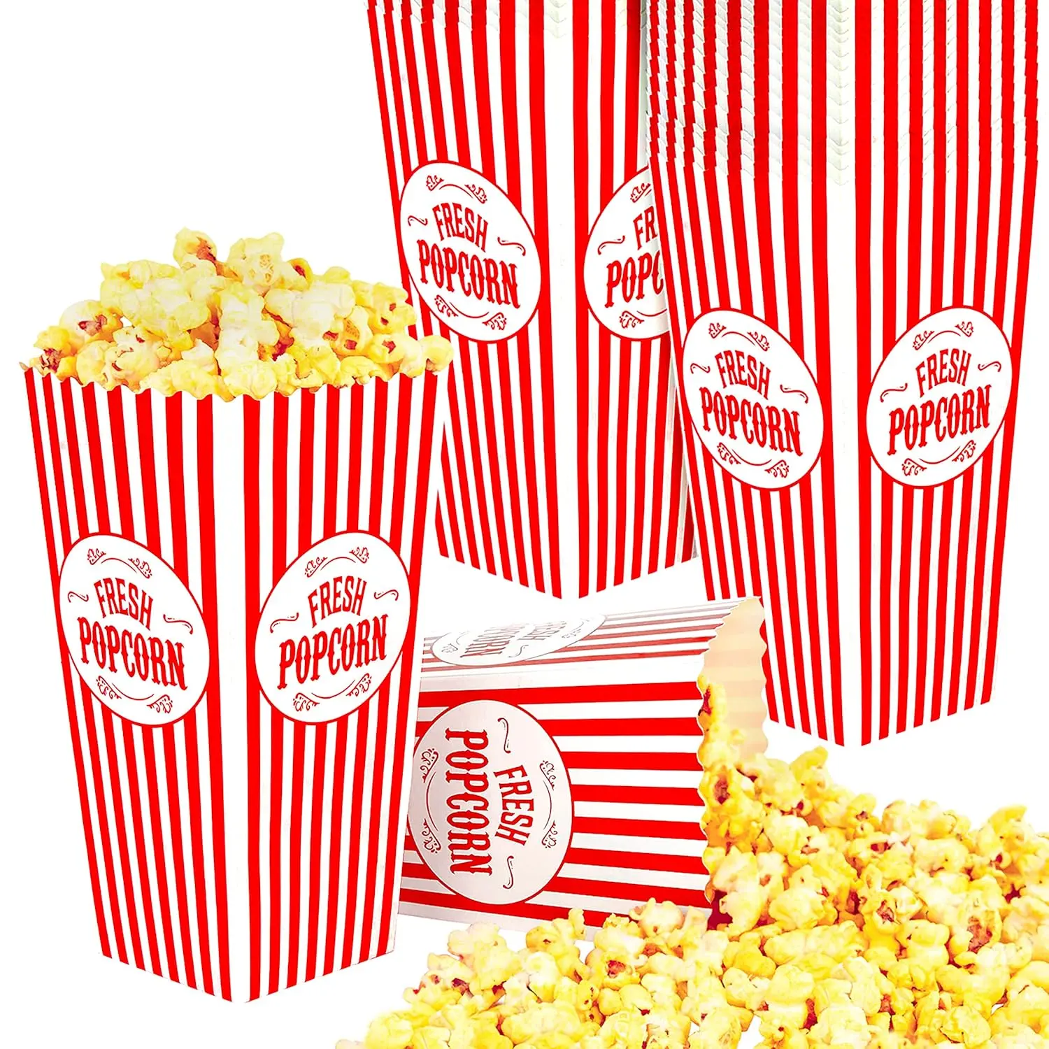 [25 Pack] Movie Theater Popcorn Boxes Disposable Red & White Striped - 46 oz Capacity - Vintage Snack Box Concession and Carnival Party Supplies, Individual Popcorn Bucket Containers