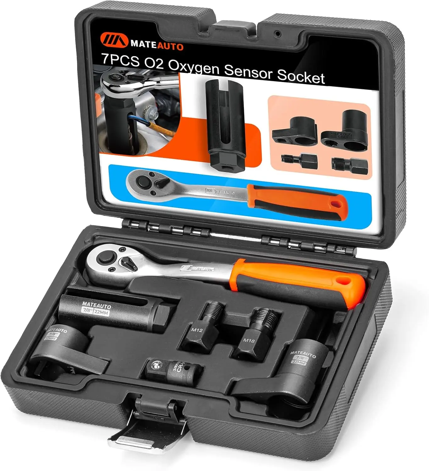 【Halloween】7PCS Oxygen Sensor Socket Set, O2 Sensor Socket and Thread Chaser Set w/Quick Release Ratchet, 3/8" & 1/2" Drive 7/8"(22mm) Oxygen Sensor Removal Tool Kit for Easy Repair