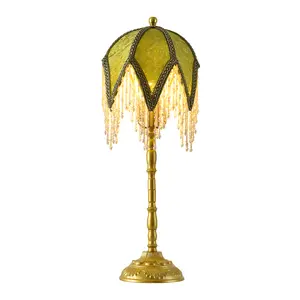 Vintage Tasselled Table Lamp with Beaded Shade, 3 Color Temperatures, Green and Gold, Victorian Style-C