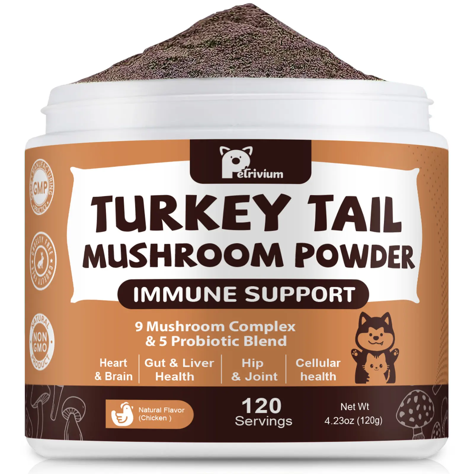 Petrivium Turkey Tail Mushroom Powder for Dogs&Cats-JUMBO SIZE-120 servings,For Lumps & Bumps, Immunity,Respiratory, Digestion & Cellular Health-UPGRADED FORMULA-#Summervibes#petlovers