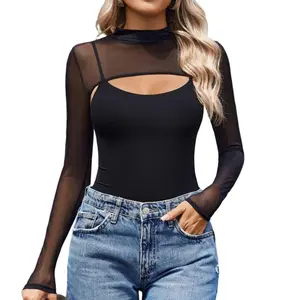 Womens Long Sleeve Bodysuits Mock Turtle Neck Shapewear Bodysuit Sexy Mesh Bodysuit Two Piece Outfit Cami Tops