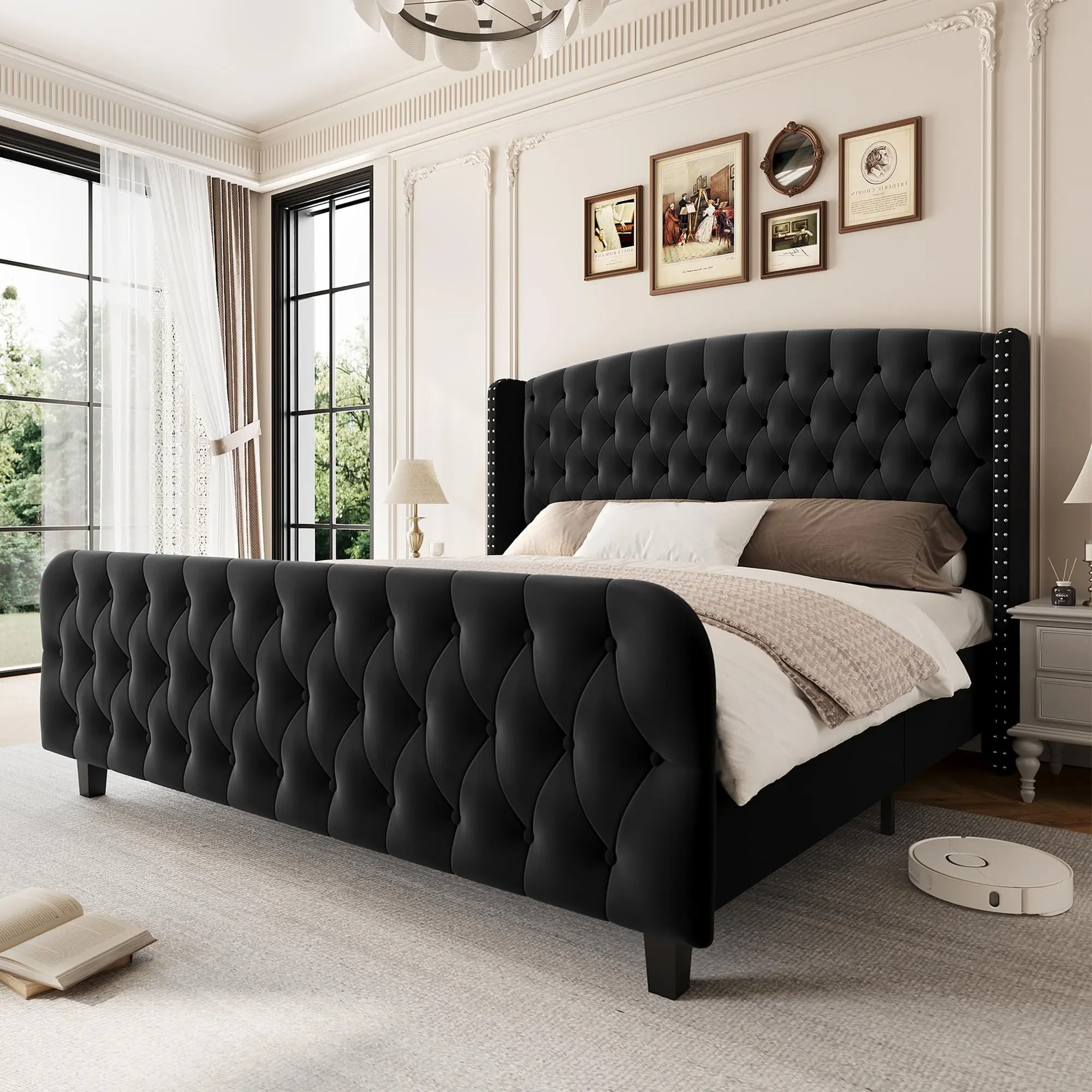 GARVEE 51 in Tall Queen Size Velvet Upholstered Platform Bed Frame with Deep Tufting Wingback Headboard & Footboard, No Box Spring Needed, Easy Assembly, Black - Room Decor, Furniture, Apartment & House Furniture