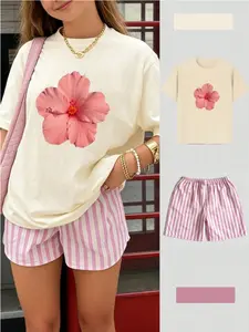 Teenage Girls Floral Print Short Sleeve T-Shirt & Striped Shorts Set, Summer Fashion, Youth Student Style, Streetwear
