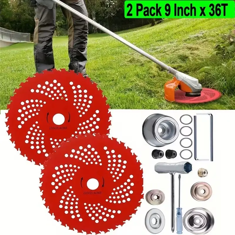 Lawn Equipment Accessories - 2 x Steel Weed Eater Blades (9-in, 10-in 36T Brush Cutter Blades), 10" Wide Cut, 20mm Longer Lifecycle Adapter Set (Increase Lifecycle by 50%), Universal Fit for Husqvarna, Stihl, FSX String Trimmers