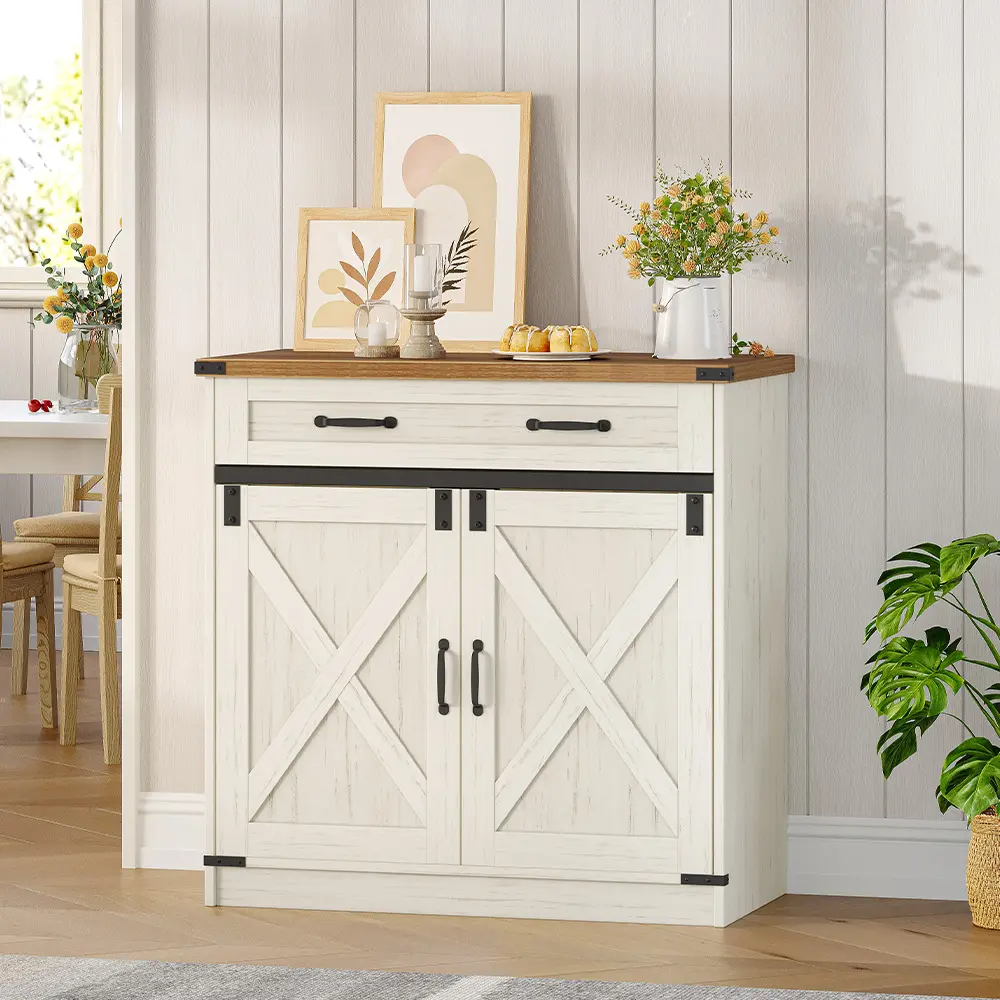 Hzuaneri Kitchen Storage Cabinet, Buffet Cabinet with Storage, Modern Farmhouse Sideboard Cabinets with Drawer, Coffee Bar Cabinets with Doors & Adjustable Shelves, for Kitchen