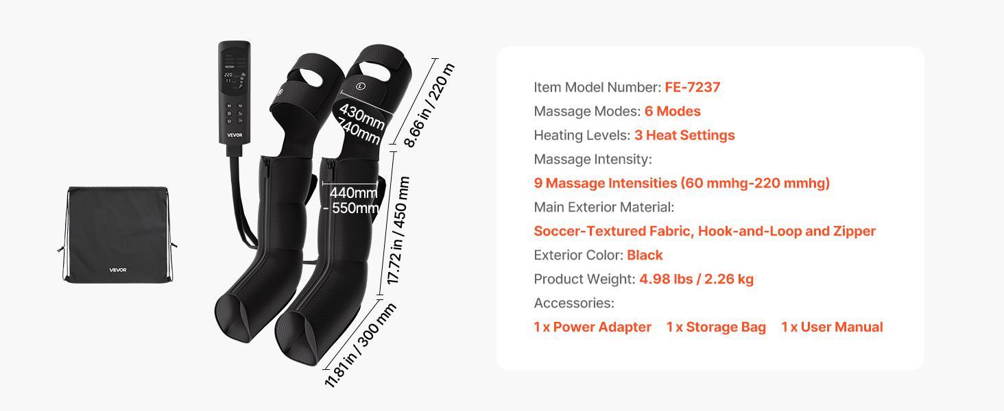【BackToSchool】VEVOR Leg Compression Massager 9 Intensities Air Compression Leg Massager, For Daily Relaxation, 6 Massage Modes, 3 Heat Settings, Auto Shut-Off Timer, Adjustable Fit, with Storage Bag and Adapter