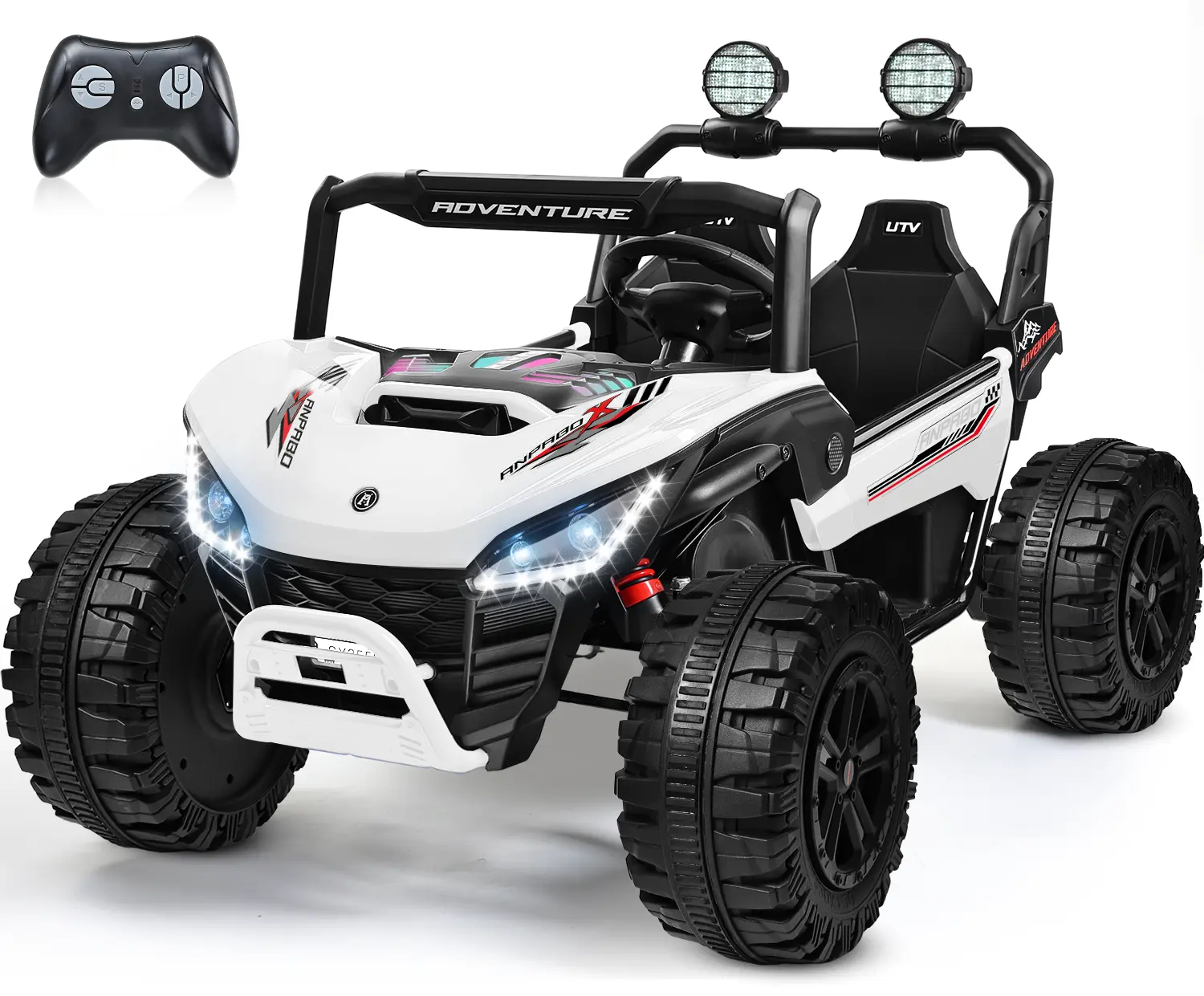 ANPABO 24V Battery-Powered 2-Seater Ride-On Car with Ride on Wheels, 4x200W Motors System, 5.1Mph Max Speed, Shock Absorber, Shatterproof Build, Bluetooth Music, LED Lights, Parent Remote, Spacious Cabin, Storage for Kids Ages 3-12, Batteries Built-In
