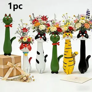 Handmade Fun Cat Vase, Cute Animal Shaped Resin Flower Pot, Boho Home Decor, Desk and Shelf Ornament, Unique Gift for Cat Lovers