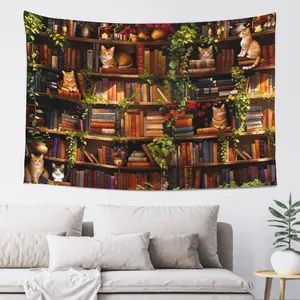 Light Decorative Boho Cottagecore Cat Bookshelf Tapestry - Aesthetic Book Lover Wall Hanging, Cute Kitten Room Decor for Bedroom