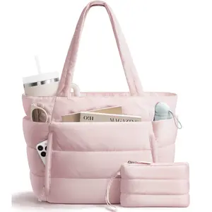 Bagstellar Puffer Tote Bag for Women with Makeup Bag, Large Work Tote Laptop Bag, Lightweight Travel Tote Bag with Zipper Gifts for Women Teacher Nurse Quilted Shoulder Organiser for School Gym
