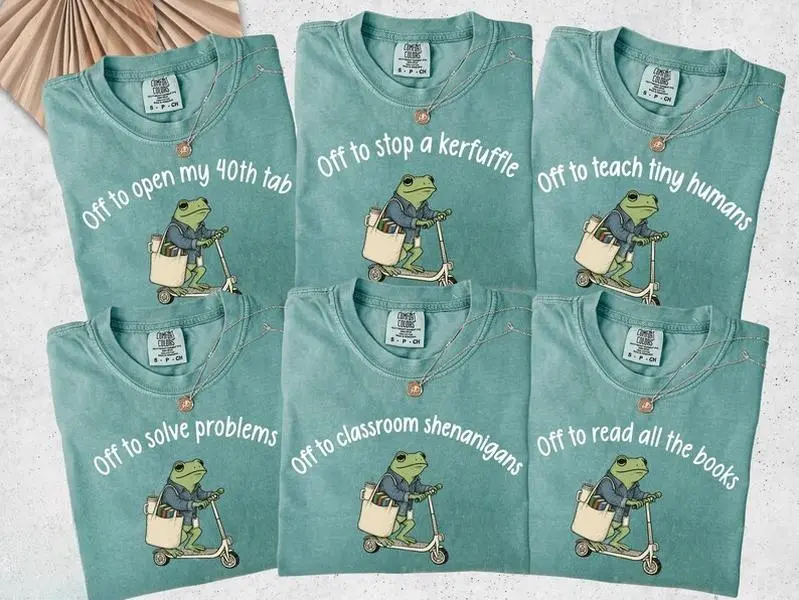 Custom Funny Teacher Frog Comfort Colors Shirt, Off To Teach Tiny Humans Tee, Classroom Shenanigans Graphic, Back To School Outfit, Reading Math Elementary Educator Gift