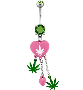 Pink Cannabis Leaf Heart Dangle Stainless Steel Belly Button Ring