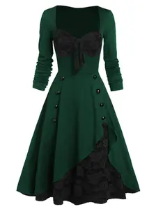 RETRO STAGE Women's 1950s Green Long-Sleeve Gothic Spandex-Polyester Patchwork Swing Dress, Elegant Casual Gown with Floral Lace Stitching, Concealed Zipper, Gowns