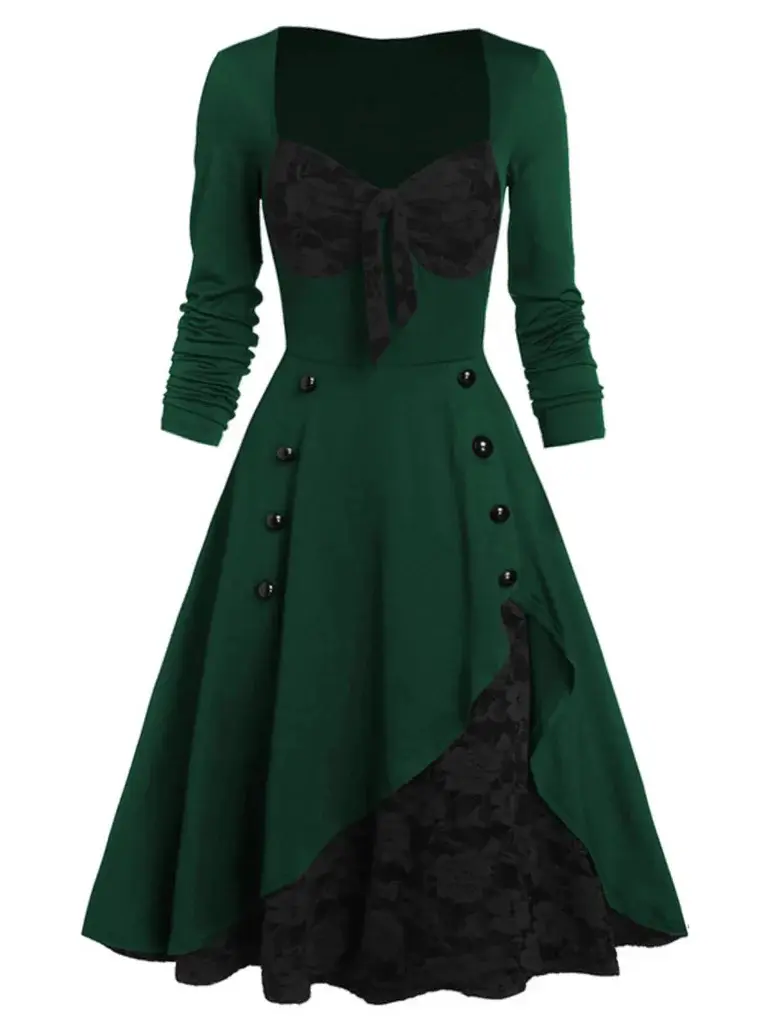RETRO STAGE Women's Gothic Swing Dress, 1950s Retro Knee-Length Dress with Floral Lace Sleeves, Sweetheart Neckline and Buttons, Side Zipper, Skirt, Going Out tiktokshopbacktoschool BackToSchool Sohochic Fall Dresses Fall outfits Fall fashion