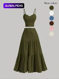 Women's Solid Woven Crop Cami Top & A-line Skirt Two-piece Set, Casual Fashion Cozy Two Piece Outfits for Daily Outdoor Wear, Ladies Clothes for Summer