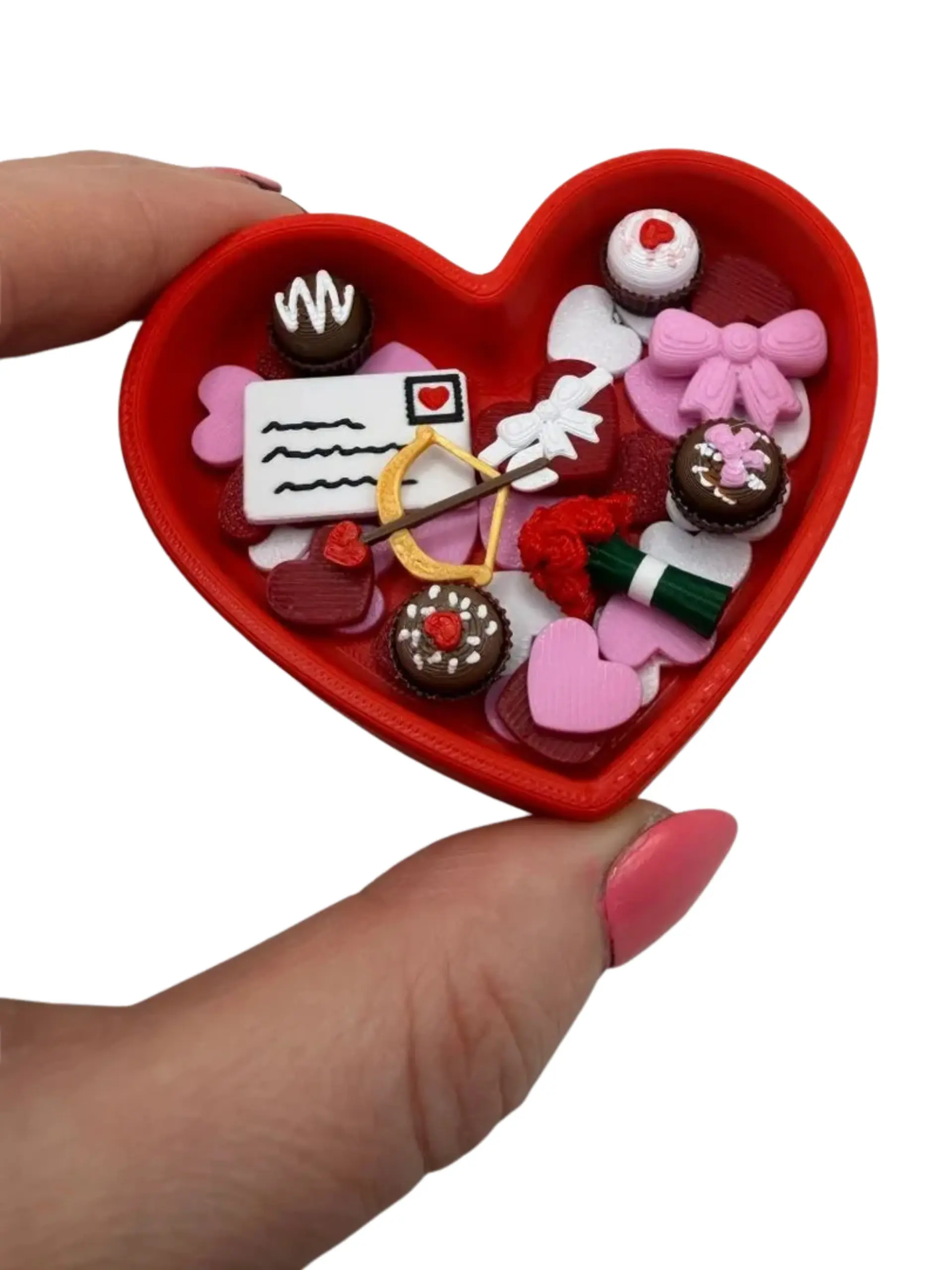 Mini 3D Printed Valentine's Day Fidget Dish with Fillers- box of chocolates, truffles, puffy bow, bow and arrow, love letter, roses, decor, Decorative Seasonal Gift