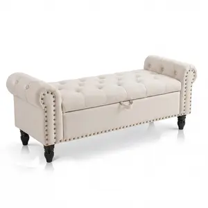 51in Bedroom Storage Bench for End of Bed, Upholstered Ottoman Bench with Button Tufted Design and Rolled Arms, Anti Cotton and Linen Entryway Bench with Safety Hinge for Bedroom, Living Room, Closet
