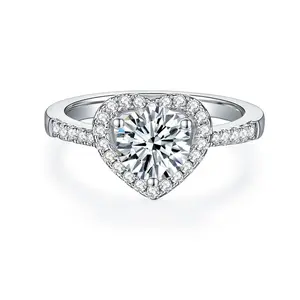 Moissanite Ring Couples Matching 999 Silver Wedding Engagement Proposal Jewelry One Look Love Gift for Her Him Heart Shape Halo Design RM1012
