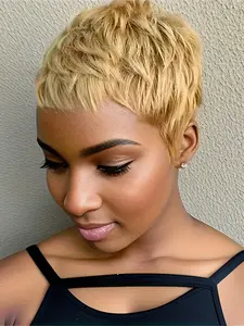 150% Density Pixie Cut Glueless Human Hair Wigs, Short Burgundy Natural, Straight Layered Wig for Women, Daily Party Cosplay Use