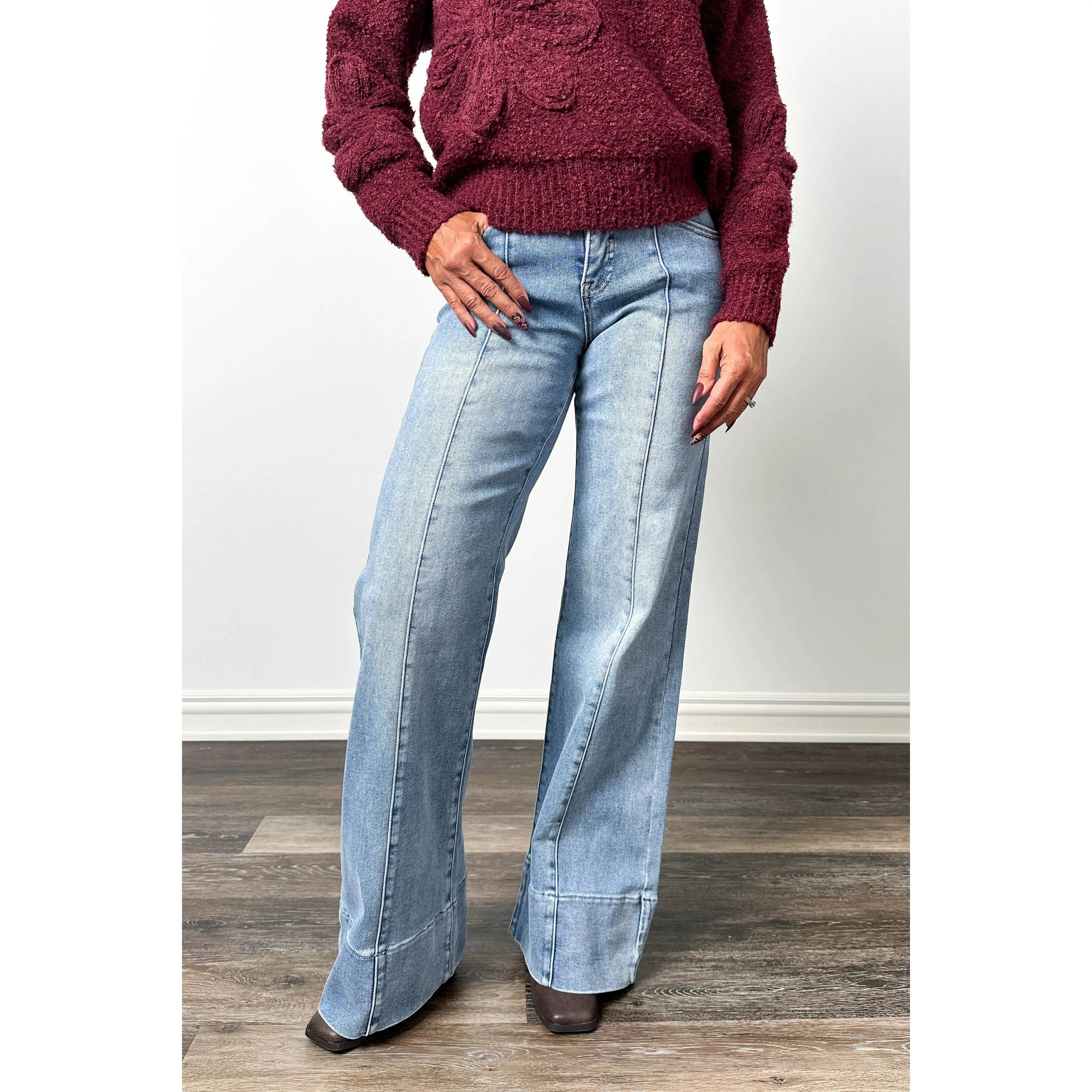The Kendall from Risen Mid-Rise Tummy Control Ankle Wide Flare Medium Wash Denim